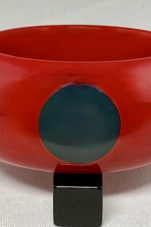 AB126 Pantti wide red Bakelite bangle with cream and blue grey dots