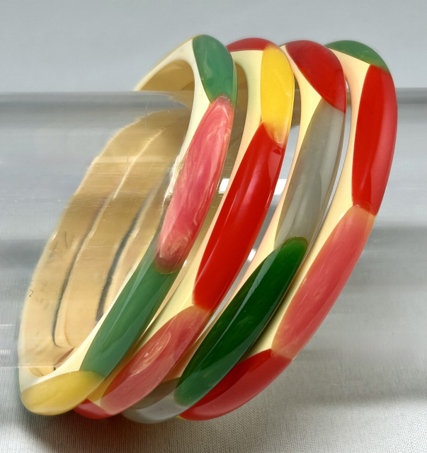 Shultz cream narrow bakelite bangles with rainbow colors of oval dots - Image 2