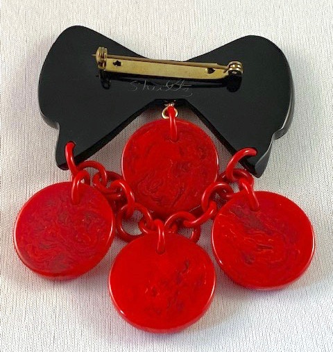 SZ49 Shultz black bowtie/red dotted discs charm pin - Image 2