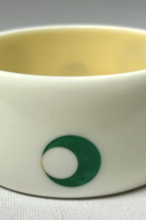 AP24 Wide white with green googly eyed dots bakelite bangle