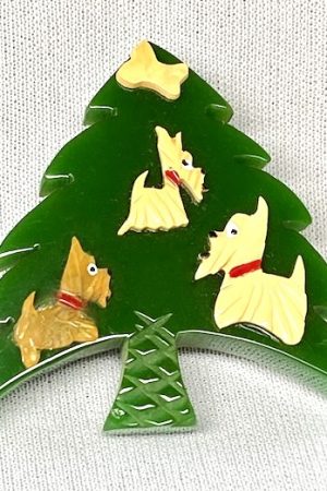 Foltz34 emerald green bakelite Foltz Christmas tree pin/yellow