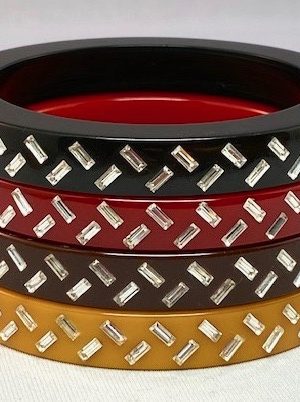 AB156 Rare Lain 7/16" herringbone inlaid rhinestone bakelite bangles