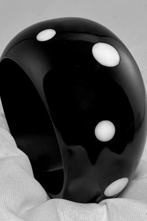 LG357 Big asymmetrical black lucite bangle/white dots