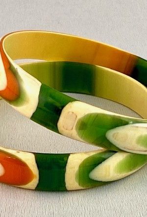 LG137 Pair of green, orange & cream 60s lucite bangles