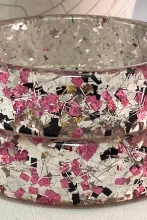 LG169 Silver, pink & black confetti lucite bangles