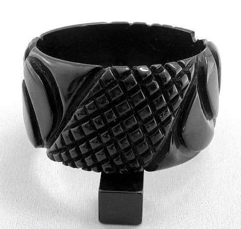 BB649 Wide black flower/pineapple carved bakelite bangle - Image 2